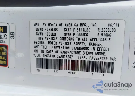 2014 Honda Accord Ex from USA, damaged, VIN 1HGCT1B73EA015857